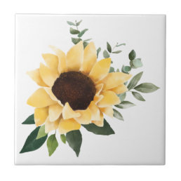 Yellow Watercolor Sunflowers &amp; Wildflower Design Ceramic Tile