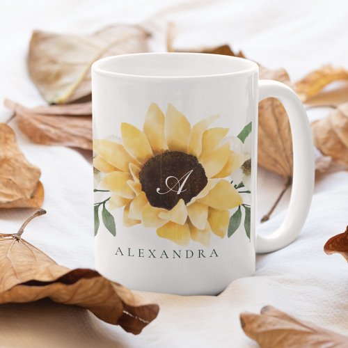 Yellow Watercolor Sunflowers  Wildflower Monogram Coffee Mug