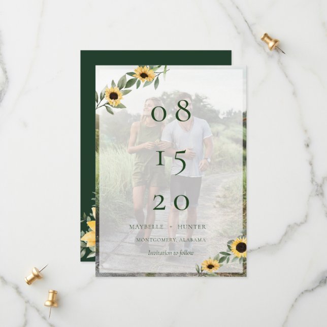 Yellow Watercolor Sunflowers & Wildflower Photo Save The Date (Front/Back In Situ)