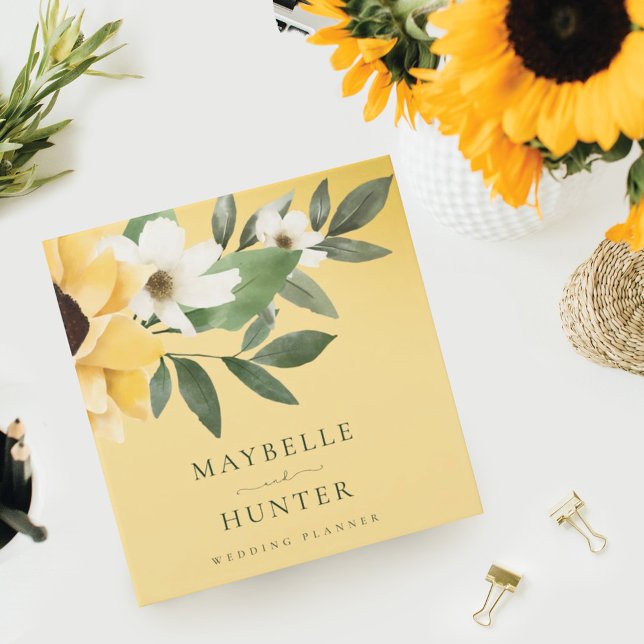 Yellow Watercolor Sunflowers & Wildflower Wedding 3 Ring Binder (Creator Uploaded)