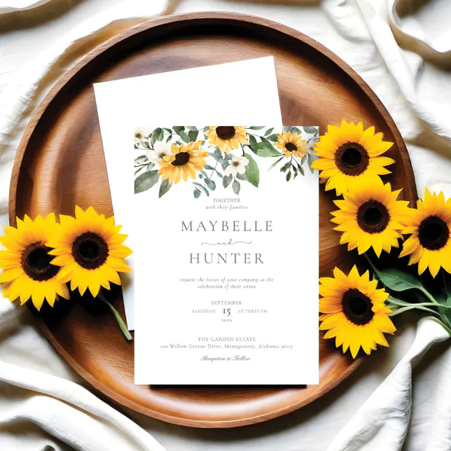 Yellow Watercolor Sunflowers & Wildflower Wedding Invitation | Zazzle