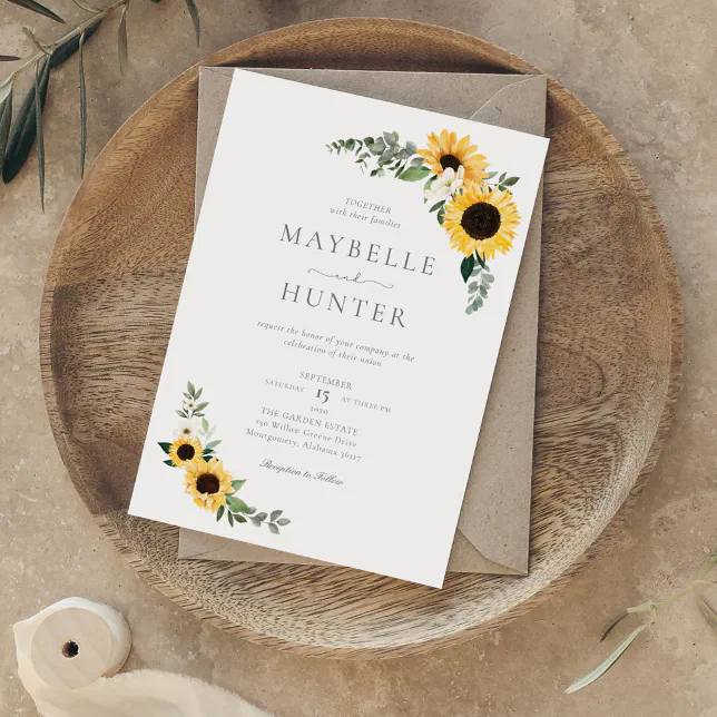 Yellow Watercolor Sunflowers & Wildflower Wedding Invitation | Zazzle
