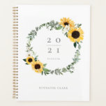 Yellow Watercolor Sunflowers & Wildflower Wreath Planner<br><div class="desc">Elegant country style sunflower yearly planner design. Our design features our hand-painted watercolor golden yellow sunflowers, white cream florals, and natural greenery arranged to create this elegant country-style wreath arrangement. The year is placed inside the sunflower wreath (Note Date can be changed) The reverse side featureas our beautiful sunflower floral...</div>