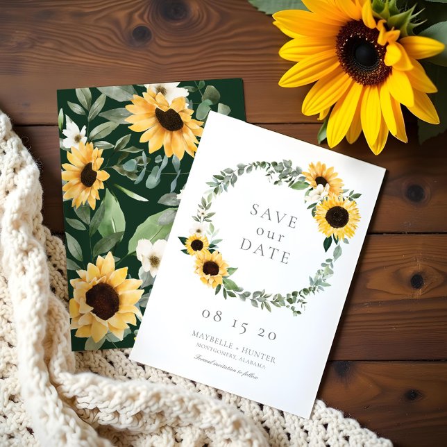 Yellow Watercolor Sunflowers & Wildflower Wreath Save The Date (Yellow Watercolor Sunflowers & Wildflower Wreath Save The Date)