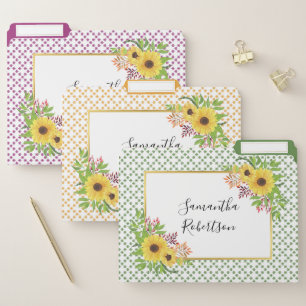 Yellow watercolor sunflowers with leaves pattern file folder