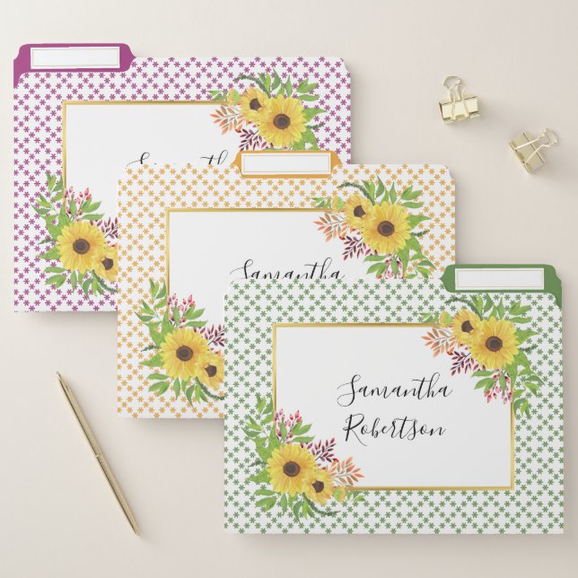 Yellow watercolor sunflowers with leaves pattern file folder (Set)