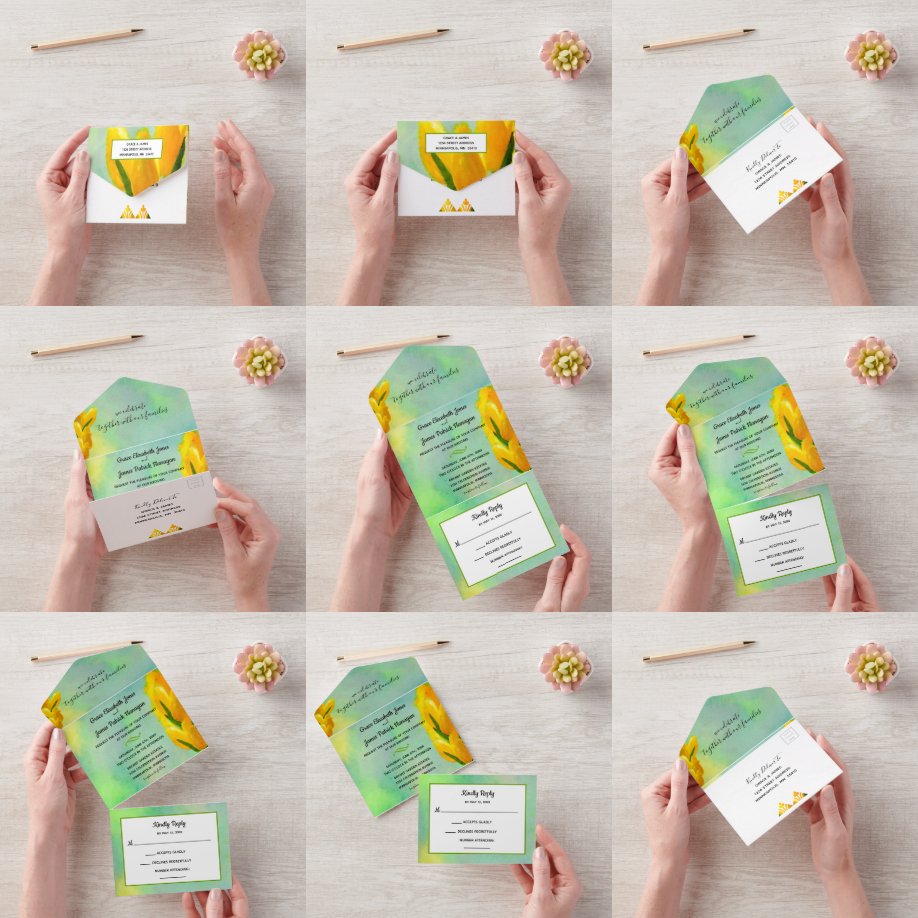 Yellow Watercolor Tulips All in One Wedding Invite