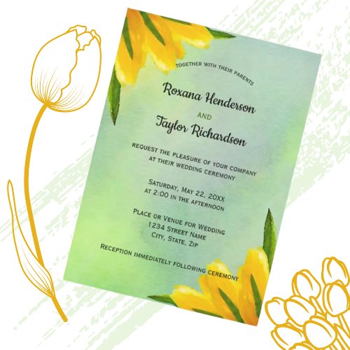Yellow Watercolor Tulips green backdrop Wedding Invitation