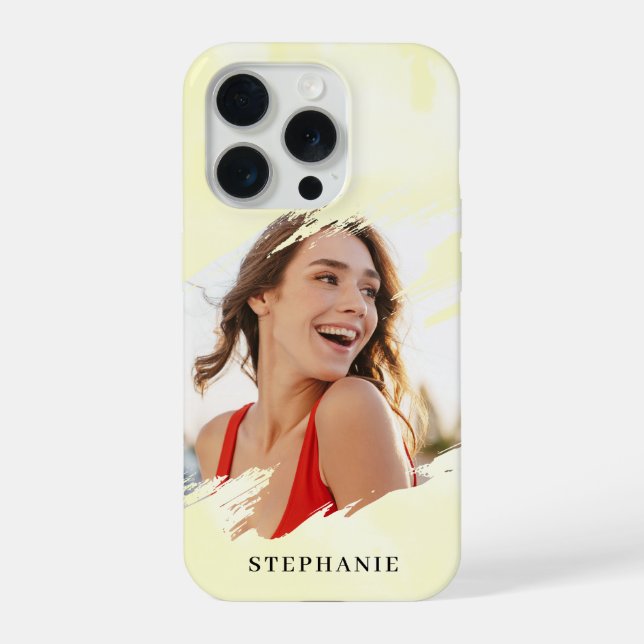 Yellow Watercolor Wash Personalized Photo and Name iPhone Case (Back)
