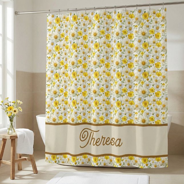 Yellow Watercolor Wildflower Monogram Name Shower Curtain (Creator Uploaded)