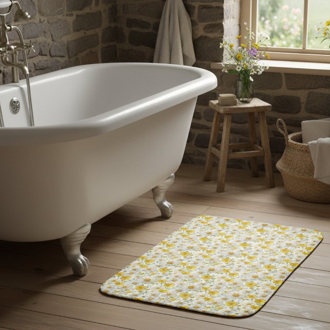 Yellow Watercolor Wildflower Pattern  Bath Mat (Creator Uploaded)