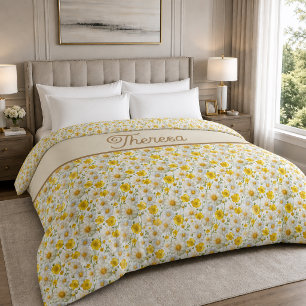 Yellow Watercolor Wildflower Pattern Monogram Name Duvet Cover