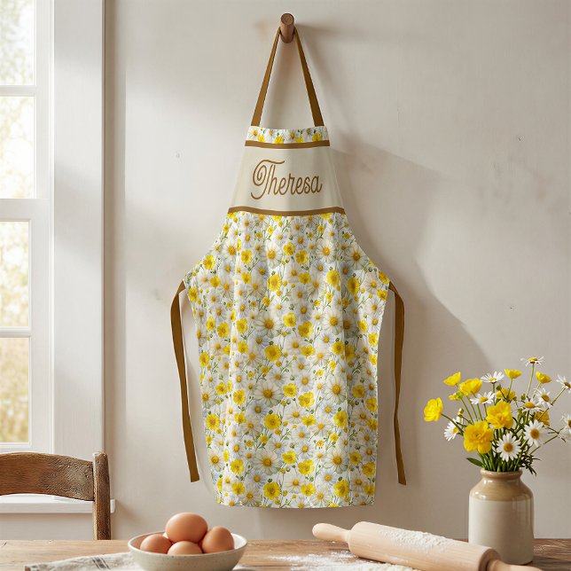 Yellow Watercolor Wildflower Pattern Name Apron (Creator Uploaded)