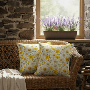 Yellow Watercolor Wildflowers Pattern Throw Pillow