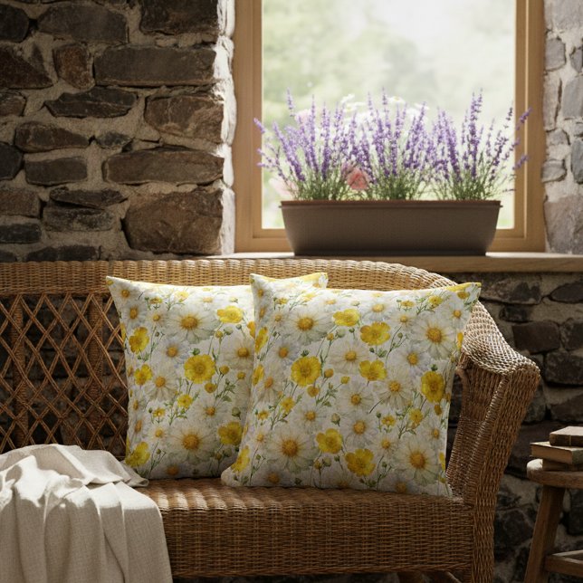 Yellow Watercolor Wildflowers Pattern  Throw Pillow (Creator Uploaded)