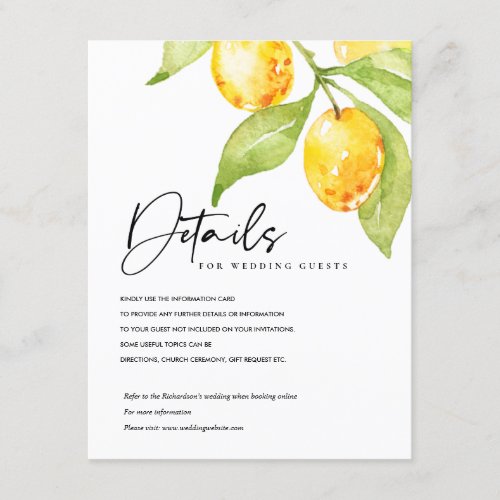 YELLOW WATERCOLOUR FOLIAGE OLIVE WEDDING DETAILS ENCLOSURE CARD