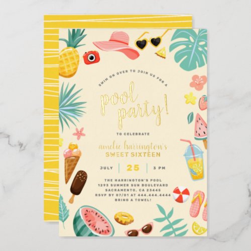 Yellow  Watermelon Pineapple Tropical Pool Party Foil Invitation