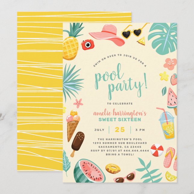 Yellow | Watermelon Pineapple Tropical Pool Party Invitation (Front/Back)