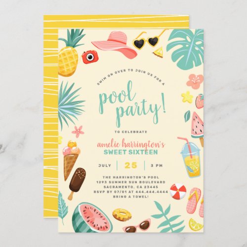 Yellow  Watermelon Pineapple Tropical Pool Party Invitation