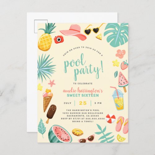 Yellow  Watermelon Pineapple Tropical Pool Party Invitation Postcard