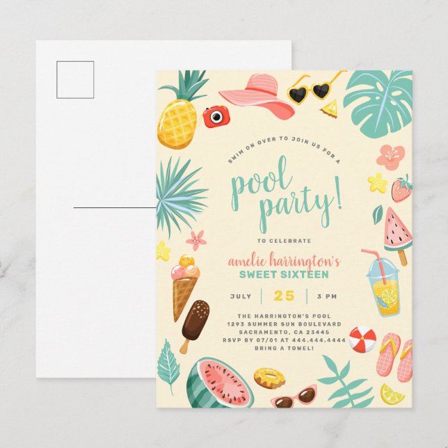 Yellow | Watermelon Pineapple Tropical Pool Party Invitation Postcard (Front/Back)