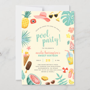 Yellow Watermelon Pineapple Tropical Pool Party Magnetic Invitation