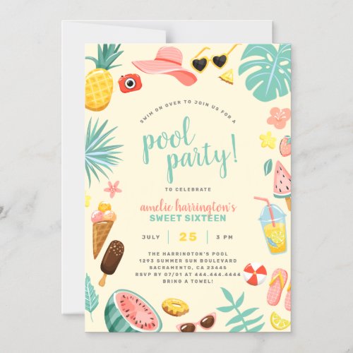 Yellow  Watermelon Pineapple Tropical Pool Party Magnetic Invitation
