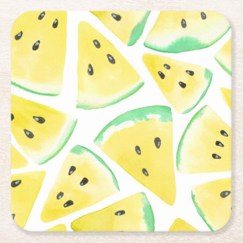 Yellow watermelon slices pattern square paper coaster