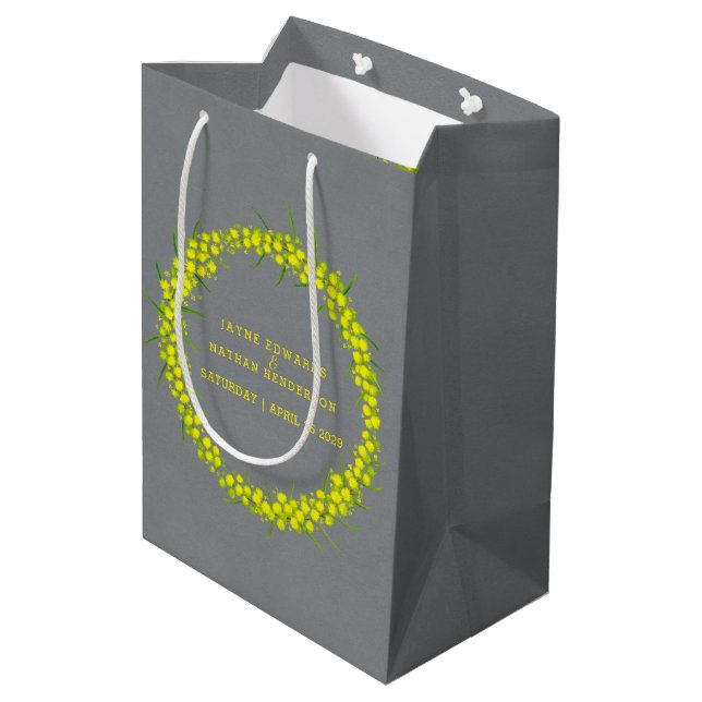 Yellow wattle acacia gray wedding gift bag (Back Angled)
