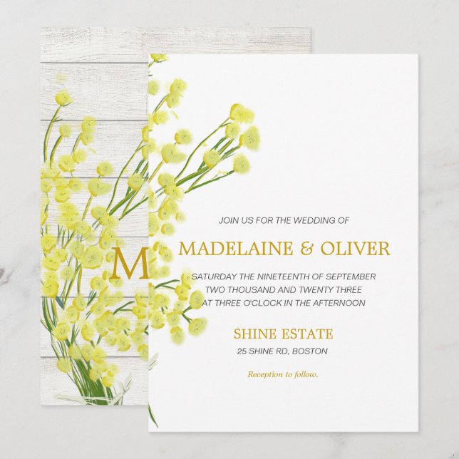 Yellow Wattle Botanical Rustic Wood Modern Wedding Invitation (Front/Back)