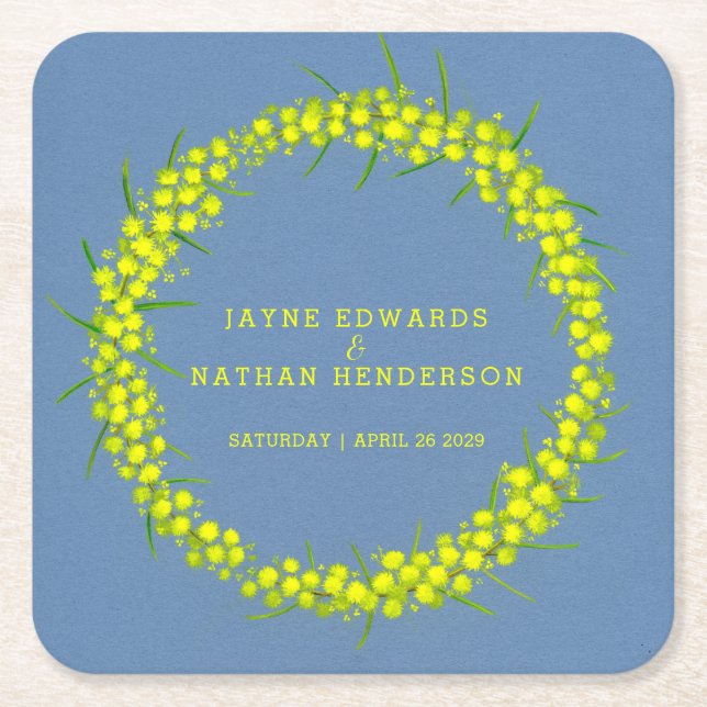 Yellow wattle flower watercolor art coasters (Front)