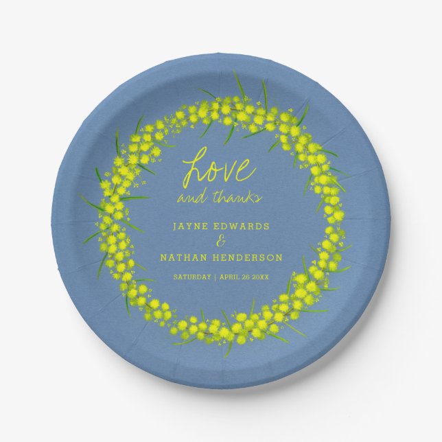 Yellow wattle flower watercolor art wedding plates (Front)