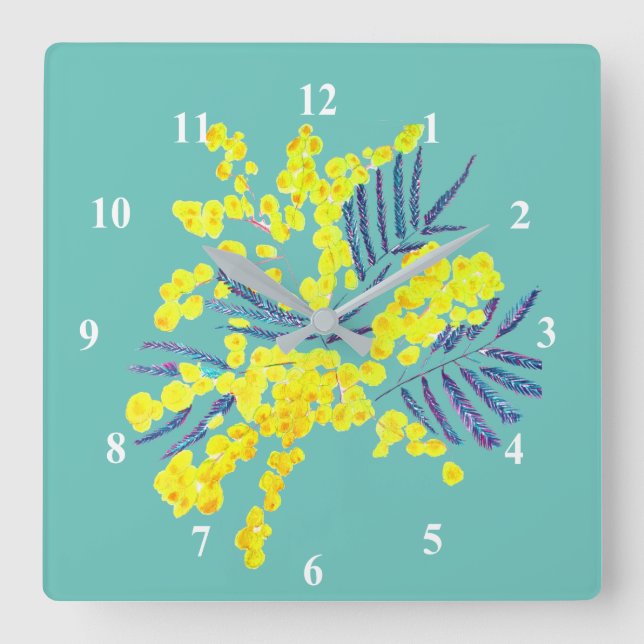 Yellow Wattle Mimosa Australian flower art Square Wall Clock (Front)