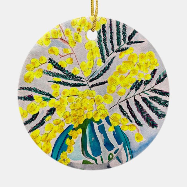 Yellow Wattle native Australian flower art Ceramic Ornament (Front)