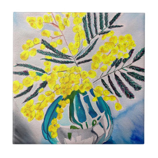 Yellow Wattle native Australian flower art Ceramic Tile