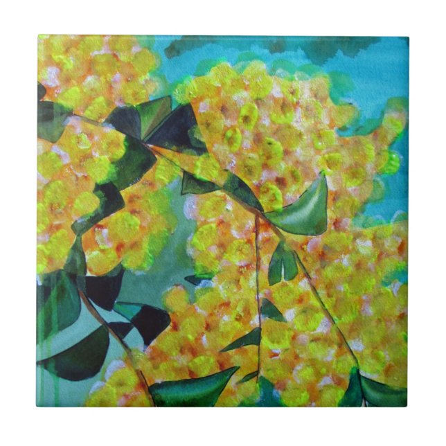 Yellow Wattle native Australian flower art Ceramic Tile (Front)
