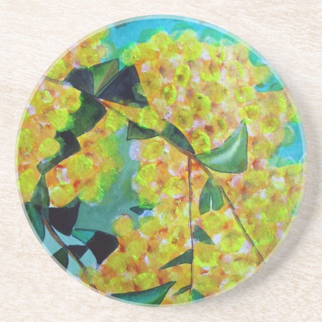 Yellow Wattle native Australian flower art Sandstone Coaster (Front)