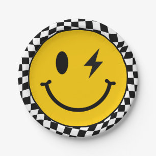 Yellow Wavy Checkered Happy Smile Birthday Paper Plates