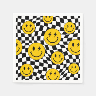 Yellow Wavy Checkered Retro Preppy Smile Birthday Napkins