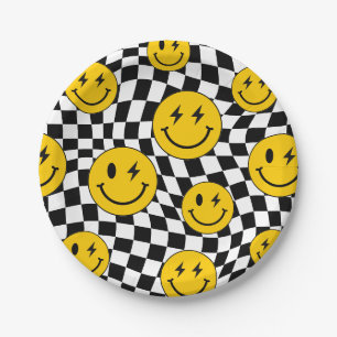 Yellow Wavy Checkered Retro Preppy Smile Birthday Paper Plates
