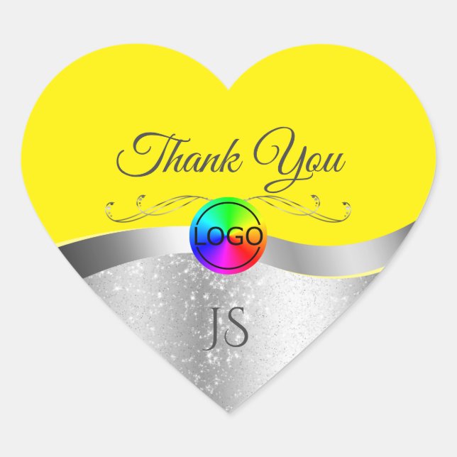 Yellow Wavy Silver with Logo Monogram Thank You Heart Sticker (Front)