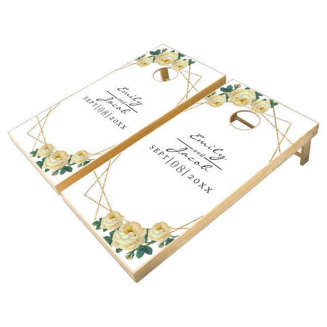 Yellow Wed Elegant Gold Glitter Geometric Cornhole Set (Angled)