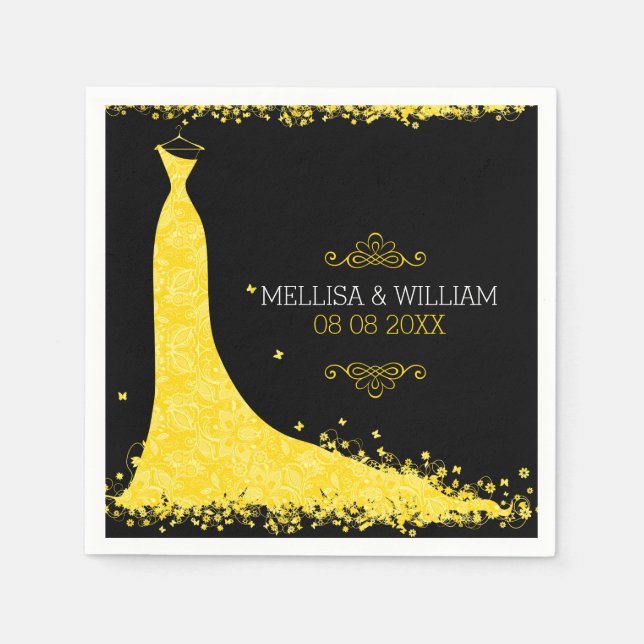 Yellow Wedding Dress & Black Background Napkins (Front)