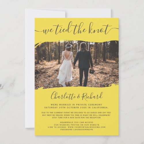 Yellow wedding elopement tied the knot photo announcement