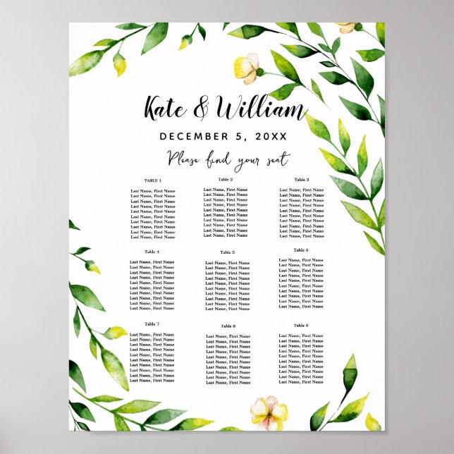 yellow wedding floral Table plan party/wedding Poster (Front)