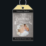 Yellow Wedding Photo Chalkboard Damask Pattern Gift Tags<br><div class="desc">Retro Chalkboard Art featuring Groom's Hand Placing the Ring On His Bride's Finger as they say "I Do" Chalkboard Retro Victorian Typography on Back. English Cottagecore Wedding Invitations with a vintage border element that is unique and sure to get plenty of compliments when you send these out to your guests....</div>