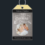 Yellow Wedding Photo Chalkboard Damask Pattern Gift Tags<br><div class="desc">Retro Chalkboard Art featuring Groom's Hand Placing the Ring On His Bride's Finger as they say "I Do" Chalkboard Retro Victorian Typography on Back. English Cottagecore Wedding Invitations with a vintage border element that is unique and sure to get plenty of compliments when you send these out to your guests....</div>