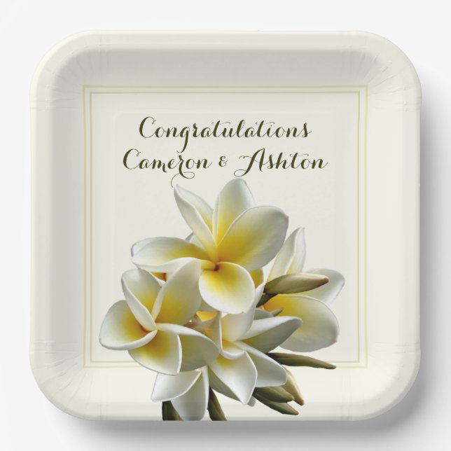 Yellow Wedding Plumeria Flowers Congrats  Paper Plates (Front)