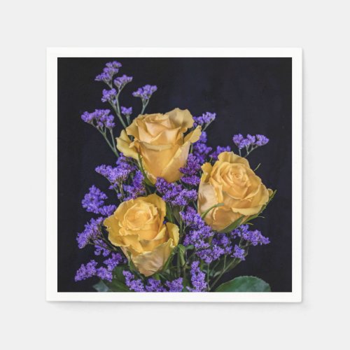 Yellow Wedding Roses with Purple Napkins