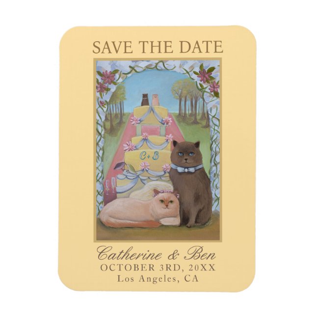Yellow Wedding Save The Date Cat Couple Magnet (Vertical)